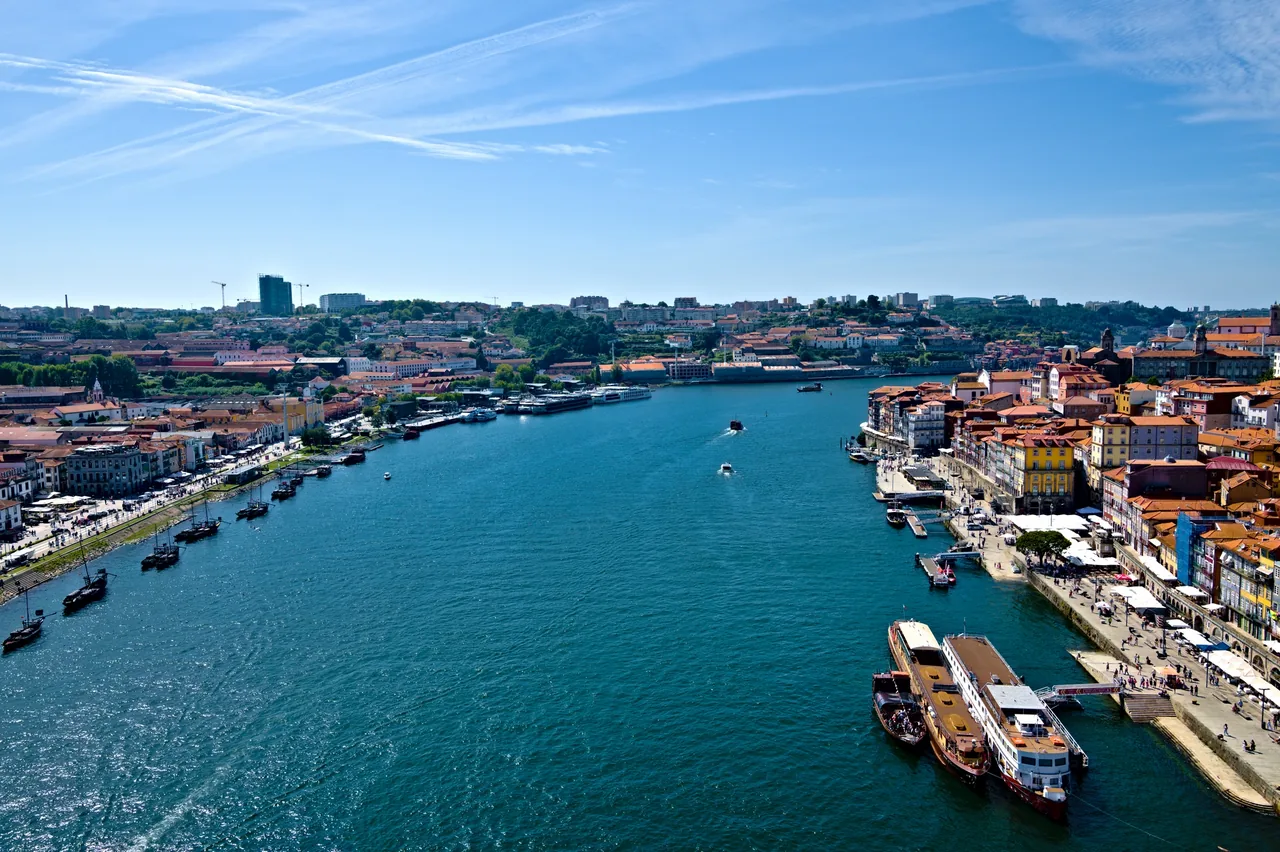 Douro River and Porto’s Ribeira waterfront on a clear day.