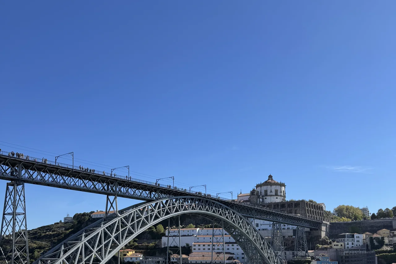 Dom Luís I Bridge and the Porto riverfront under a clear sky.